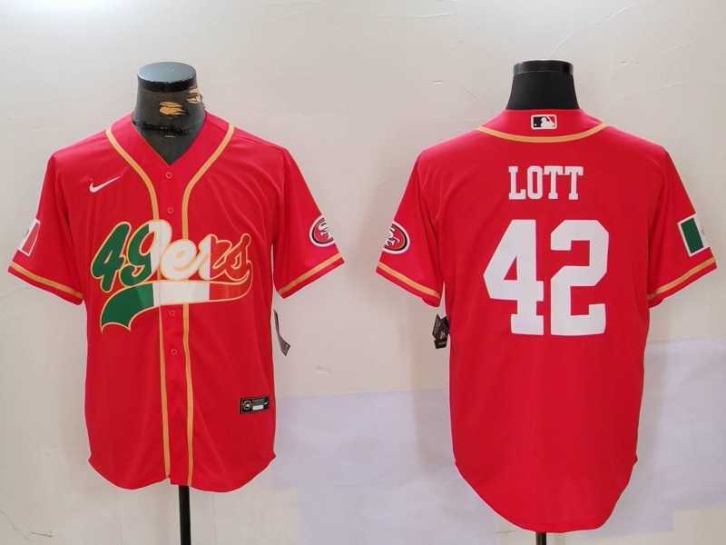 Men%27s San Francisco 49ers #42 Ronnie Lott Red With Patch Cool Base Stitched Baseball Jerseys